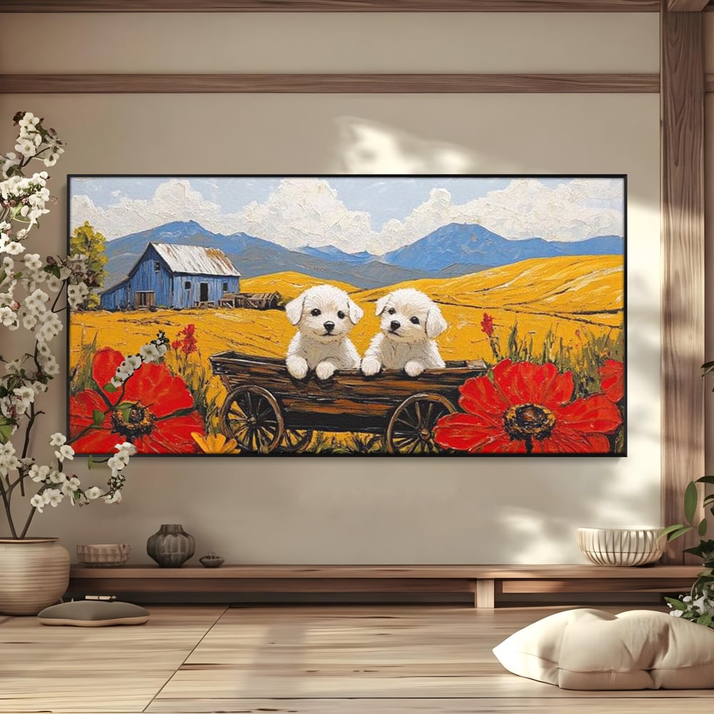 Tablou canvas cu tablou canvas cu catei in caruta si maci, in rama de aluminiu negru